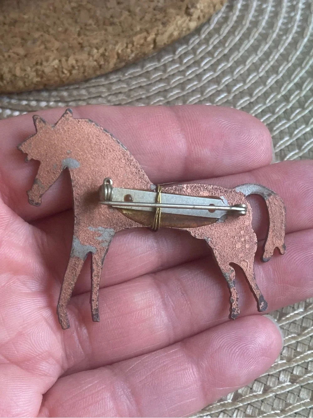 Blue Purple Gold Enameled Copper Horse Brooch Pink Pearl